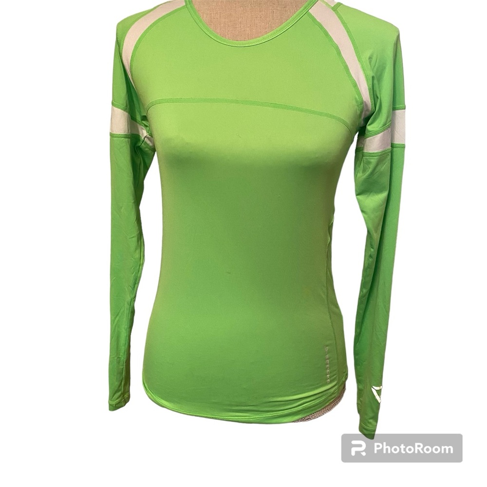 BROOKS TOP TEE LONG SLEEVE ROUND NECK LIME GREEN WHITE STRETCH FITTED Size S